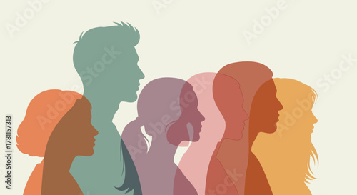 A graphical illustration showing colorful overlapping silhouettes of a diverse group of people, representing society and human connection