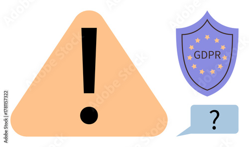 Exclamation mark in warning triangle, GDPR shield, and speech bubble with a question mark. Ideal for data protection, compliance, privacy, regulation, caution, uncertainty simple flat metaphor