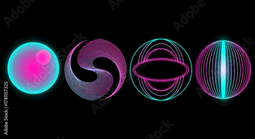 Dynamic abstract glowing spheres with vibrant gradient lighting, showcasing evolving geometric patterns and futuristic graphic visualizations on a dark background