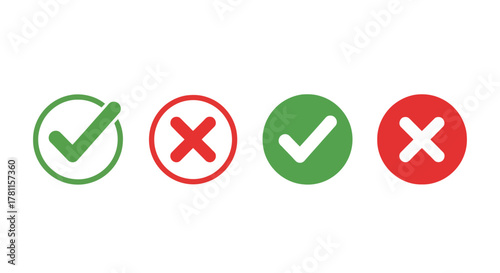 A comprehensive vector icon set featuring green checkmarks and red cross marks, representing concepts of approval, rejection, true, and false. Flat 