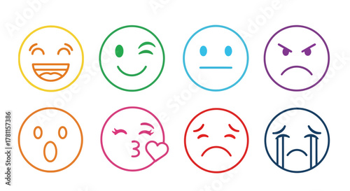 Colorful outline vector emoji icon set showing a range of facial expressions and moods. Modern line art emoticons with rainbow gradient colors for graphic design