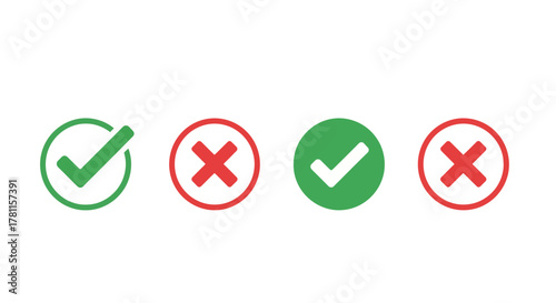 Check Mark and Cross Mark Icons in Various Styles - Green and Red, Perfect for Choices and Validation
