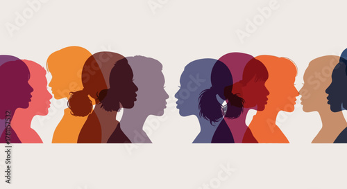 Dynamic visual representation of diverse women's profiles in colorful overlapping silhouettes, symbolizing community, connection, empathy, and collective thought