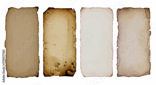 Set of four vintage paper textures with burnt and stained edges. Vector illustration of old parchment or scrolls for graphic design