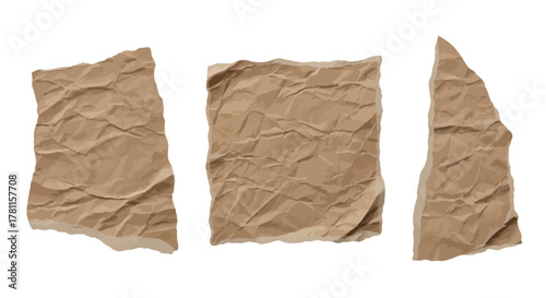 A realistic set of three isolated torn and crumpled brown paper scraps. Vector texture elements for scrapbooking, collage, and graphic design projects