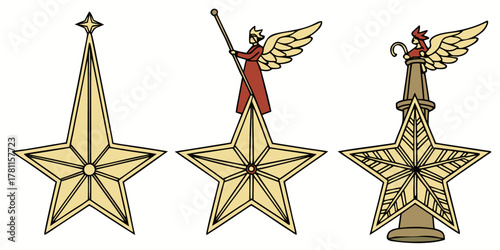 Illustrations of golden star designs with winged figures on top of each star