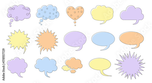 Diverse pastel speech bubbles and thought clouds, a charming set of illustrated communication graphics for web design, comics, or interactive user interfaces
