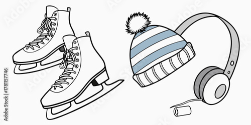 Illustration of ice skates, a striped winter hat, and a pair of headphones