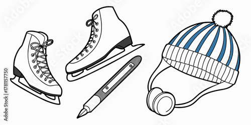 Illustration of two ice skates, a pen, and a blue and white winter hat with earmuffs