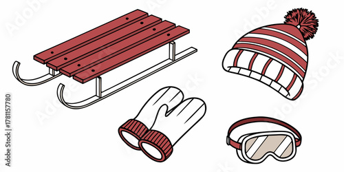 Illustration of a sled, winter hat, mittens, and goggles for snow activities