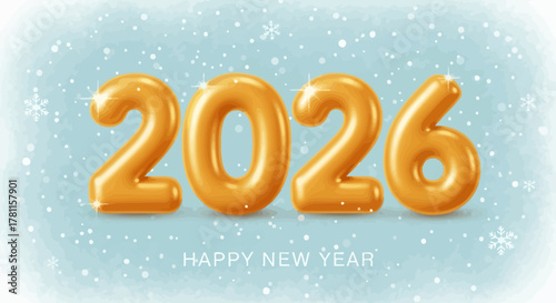 Happy New Year 2026 Festive Golden Balloon Numbers Against a Snowflake-Dusted Background
