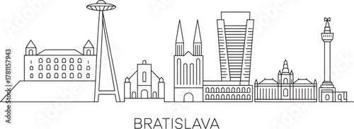 Bratislava slovakia city skyline line art with famous landmarks travel vector illustration cityscape outline