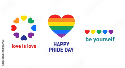 Colorful graphic design collection featuring rainbow hearts and uplifting messages, symbolizing love, diversity, and self-acceptance for a vibrant celebration of pride and equality
