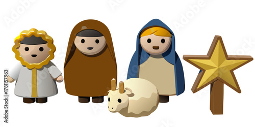 Depiction of a stylized nativity scene with figures and a star on a white background