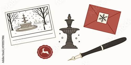 Illustration featuring a fountain postcard envelope pen and deer wax seal design