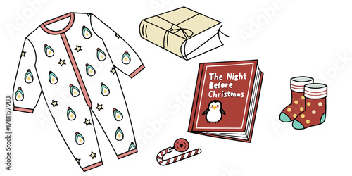 Illustration of pajamas, books, socks, and a candy cane on a white background