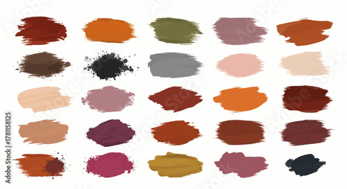 Dynamic assortment of earthy and autumnal paint brush strokes, creating a textured abstract background with a vibrant color palette for modern creative design and artistic projects