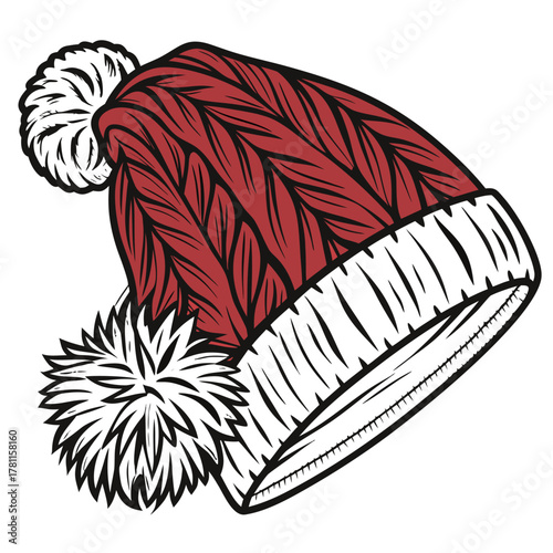 Illustration of a red knitted winter hat with two white pom poms and black outline