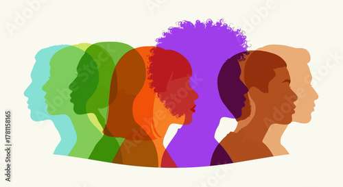 Diverse Faces Silhouette Representation of Unity, Equality, and Multiculturalism in Overlapping Profile Illustrations