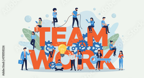 Illustrating a diverse group of people actively engaged and collaborating around giant, stylized letters forming the word 'TEAM' to represent unity and synergy in a business or project context
