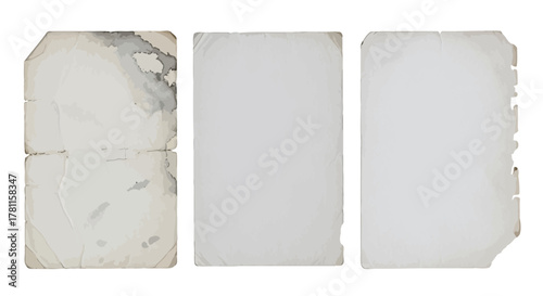 Assortment of authentic worn paper textures, showcasing torn edges, dirt marks, and folded corners, perfect for historical document replication or grunge effects