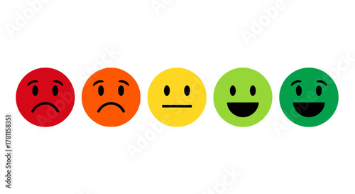 Five-step emotional feedback scale vector illustration featuring expressive emoji faces from sad to happy, ideal for customer satisfaction ratings and user experience surveys