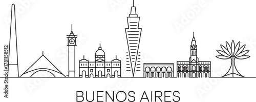 Buenos aires argentina cityscape line art famous landmarks travel silhouette outline vector illustration graphic