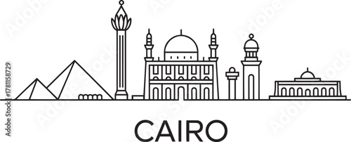 Cairo egypt line art famous landmarks travel tourism architecture monument urban view pyramid mosque outline drawing.