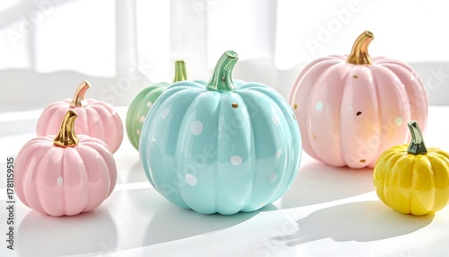 Pastel glass pumpkins decorated with colorful polka dots on bright surface