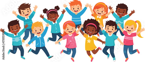Happy diverse cartoon children jumping, smiling, celebrating friendship, playful energy, multicultural kids group illustration, joyful childhood moment, isolated on white background, colorful outfits