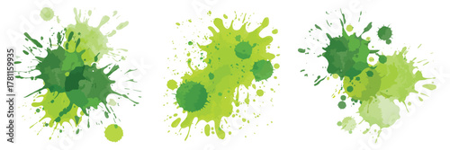 Abstract Green Inkblot Collection – Vector Watercolor Spots, Grunge Stains, Dripped Spray Splashes, Brushstroke Silhouettes, and Wet Paper Texture for Artistic Design and Backgrounds