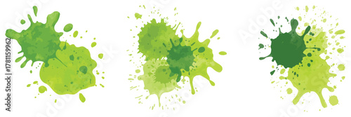 Abstract Green Inkblot Collection – Vector Watercolor Spots, Grunge Stains, Dripped Spray Splashes, Brushstroke Silhouettes, and Wet Paper Texture for Artistic Design and Backgrounds