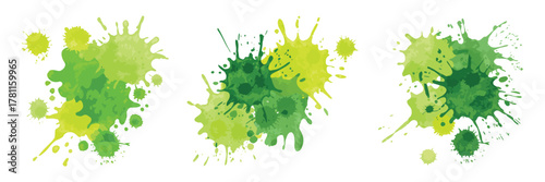 Abstract Green Inkblot Collection – Vector Watercolor Spots, Grunge Stains, Dripped Spray Splashes, Brushstroke Silhouettes, and Wet Paper Texture for Artistic Design and Backgrounds