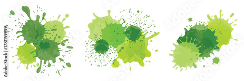 Abstract Green Inkblot Collection – Vector Watercolor Spots, Grunge Stains, Dripped Spray Splashes, Brushstroke Silhouettes, and Wet Paper Texture for Artistic Design and Backgrounds