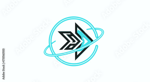 A modern technology logo featuring a stylized arrow or play symbol with cyan orbital rings on a white background.