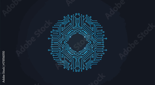 A circular, intricate blue circuit board pattern resembling a stylized eye or a complex technological mandala against a dark background.