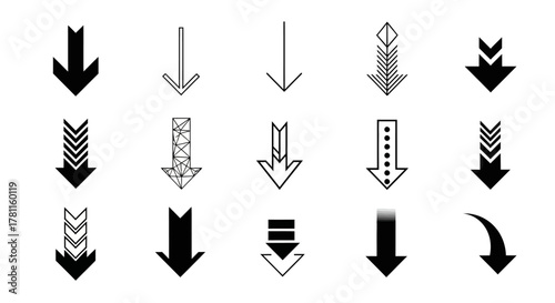 Collection of various downward-pointing arrow icons, showcasing diverse designs and styles for visual communication.