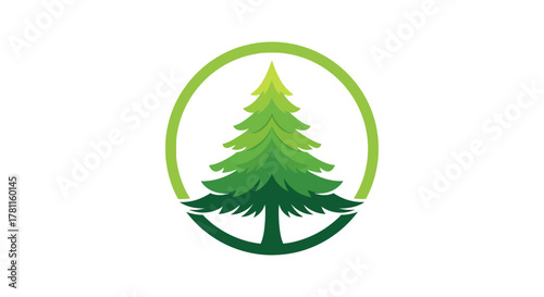 A vibrant illustration of a green pine tree enclosed within a light green circular frame, a symbol of nature.