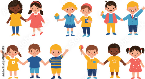 Cartoon children holding hands in pairs, diverse outfits, cheerful expressions, multicultural friendship, playful childhood scene, unity and inclusion concept for educational use