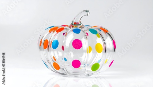 Close-up of transparent glass pumpkin with bright colorful dots and glossy reflection