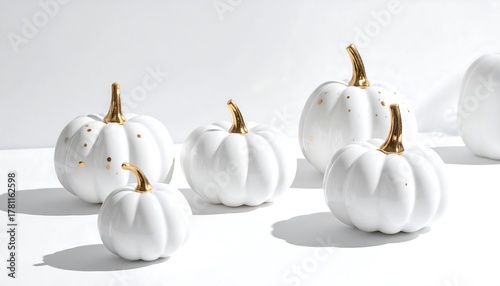 White glass pumpkins with golden polka dots on bright reflective surface