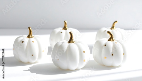 Close-up of white glass pumpkins with golden dotted pattern under soft studio light
