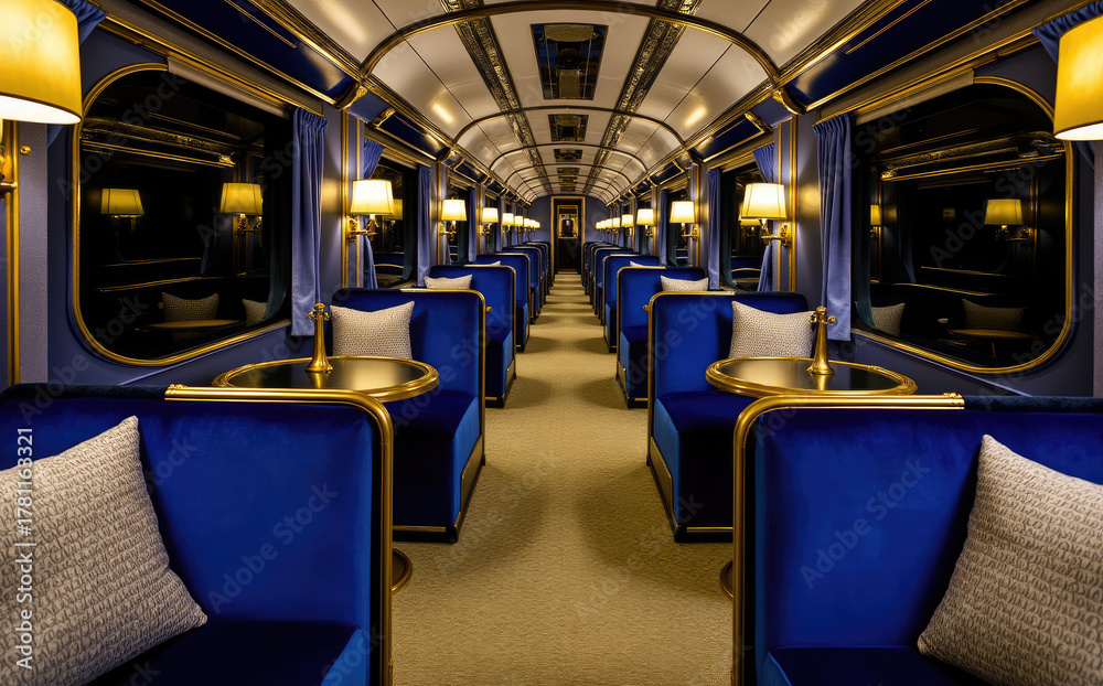 Fototapeta premium Opulent train carriage with plush blue seating and gold accents interior velvet