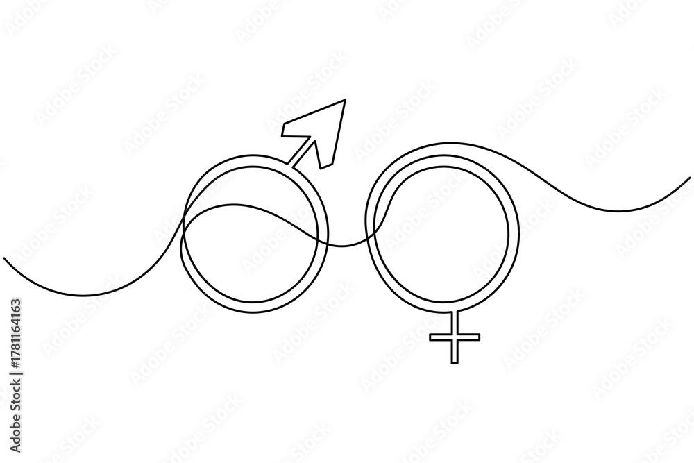 Obraz premium Male symbol continuous one line drawing on white background minimalist gender man and woman outline vector illustration