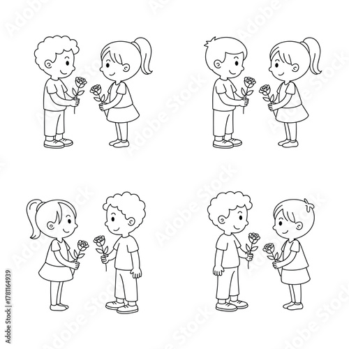 Children's emotions line art series showing interaction and offering flowers