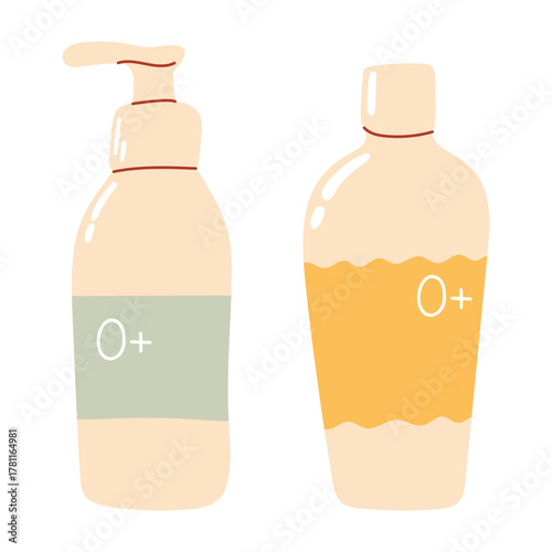 Baby care cosmetic product bottles, shampoo, lotion with 0+ label, featuring organic shapes and a muted color palette. Flat vector illustration in a modern vintage, gentle style