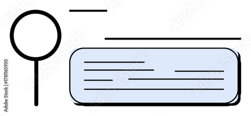 Magnifying glass focuses on a highlighted text box with lines indicating text and document readability. Ideal for search functionalities, research, discovery, clarity, transparency, exploration