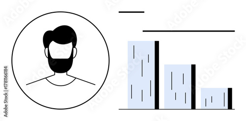 Male avatar in a circle next to a declining bar chart. Ideal for progress, profile data, analytics, user stats, report analysis, business performance, visualization. Simple flat metaphor