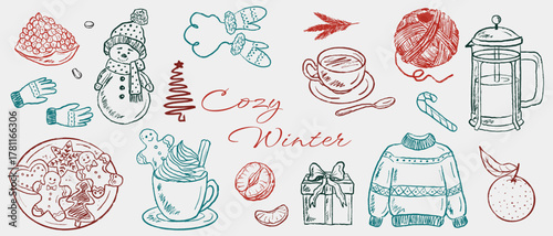 Hand drawn cozy winter items: snowman, mittens, gingerbread cookies, hot drinks, sweater, yarn, gifts, citrus, candy cane. Vector sketch illustration in vintage crayon charcoal style