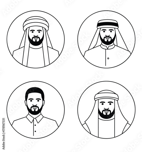 Middle eastern men avatars in traditional and modern attire, vector line art